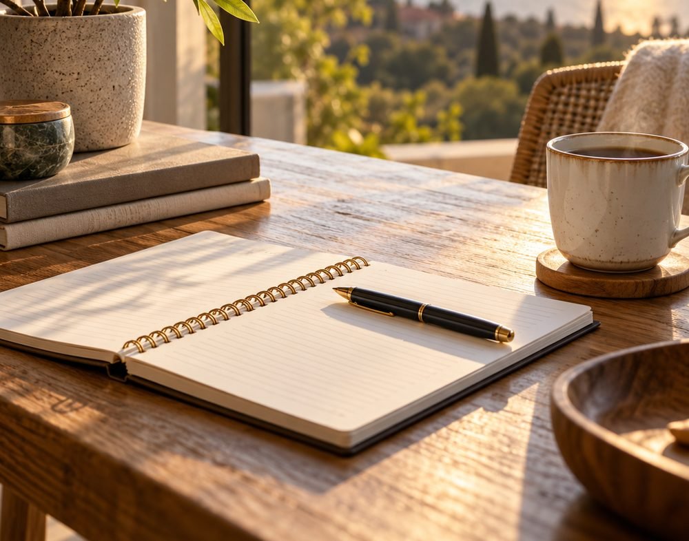 An open notebook and pen beside a cup of coffee on a wooden table in warm morning light
